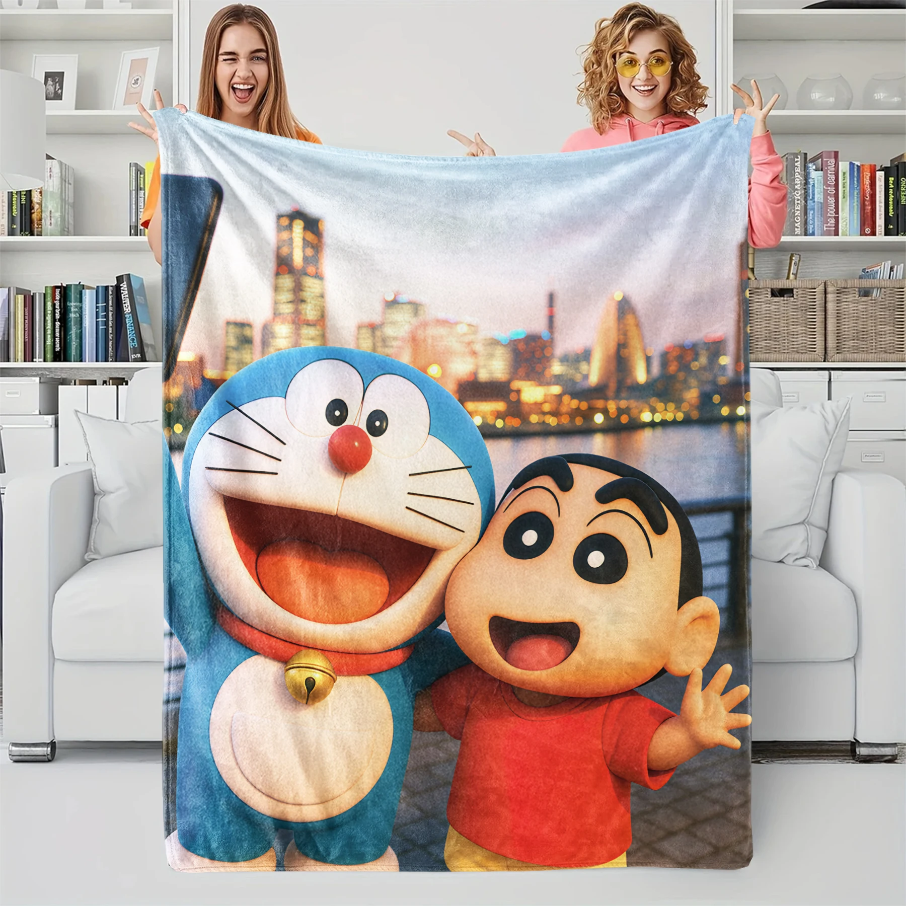 

1 шт. Фланелевое одеяло с изображением Дораэмон и Шинчан в ночном городе, мягкое и теплое, для детей и взрослых, для спальни, дивана, праздничного декора