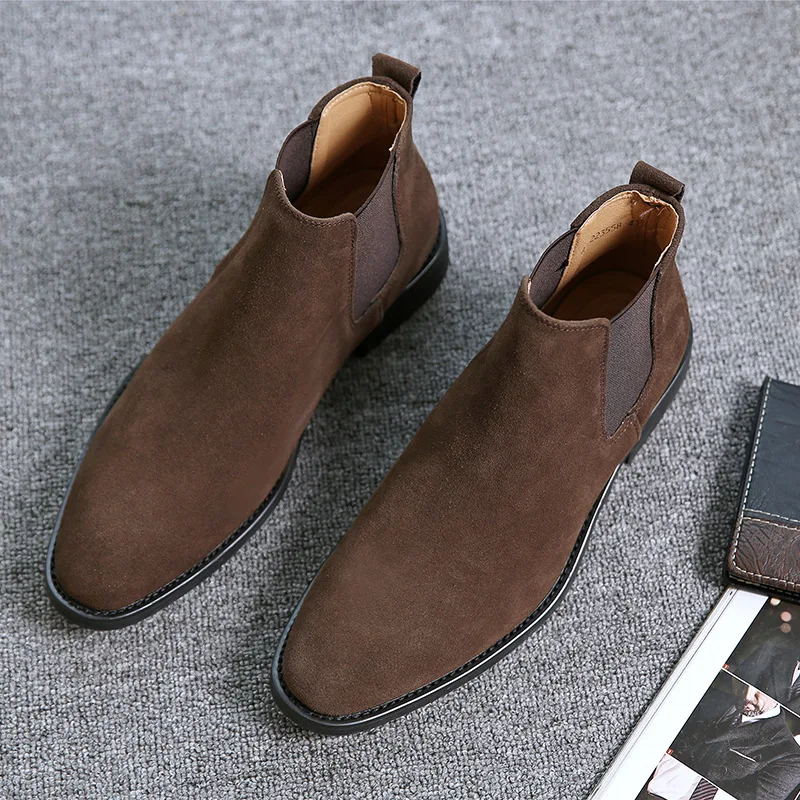 Men\'s Retro Classical Chelsea Boots Cow Suede Genuine Leather Men Fashion Ankle Boot Mens Casual Short Boots High-Top Shoes