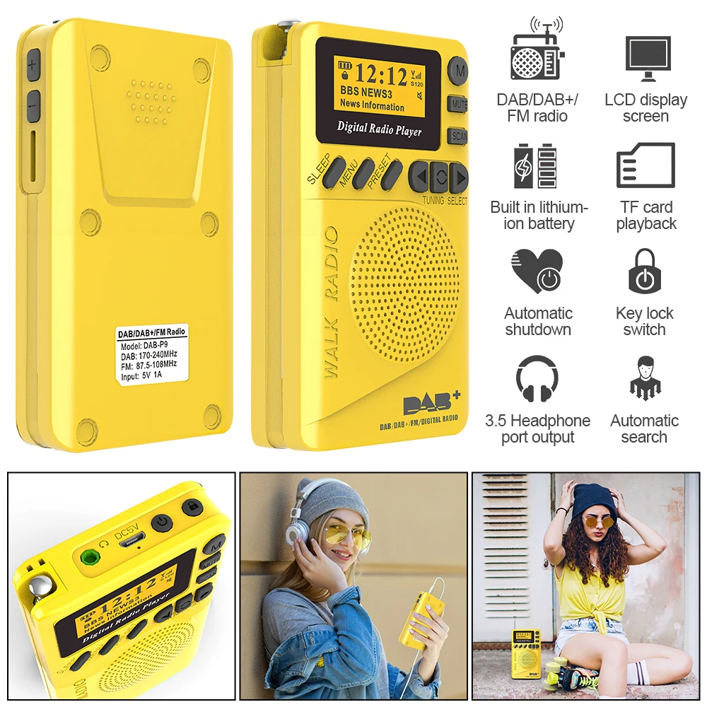 Mini-Taschenradio, tragbares FM/DAB/DAB+ Radio, SD-Karte, MP3-Player, Uhr, USB wiederaufladbar, FM-DAB-Empfänger, LCD-Display