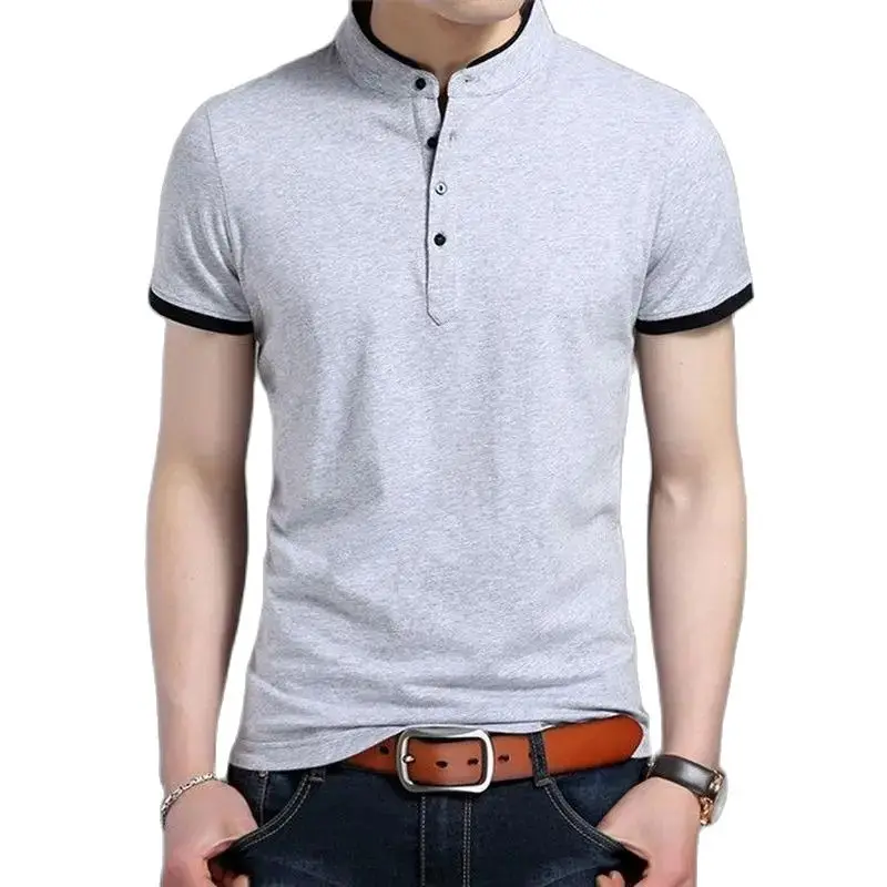 Men\'s Casual Short Sleeve T Shirts Half Buttons Stand Collar Comfy Pullovers Solid Soft Tops Summer Korea Tide Slim Thin Tees