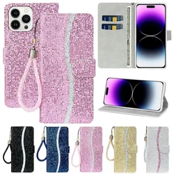 Funda de cuero anticaída con purpurina para iPhone, carcasa con tapa y correa de mano para iPhone 15 Pro Max 14 Plus 13 Mini 12 11 SE 2022 X XR XS 8 7