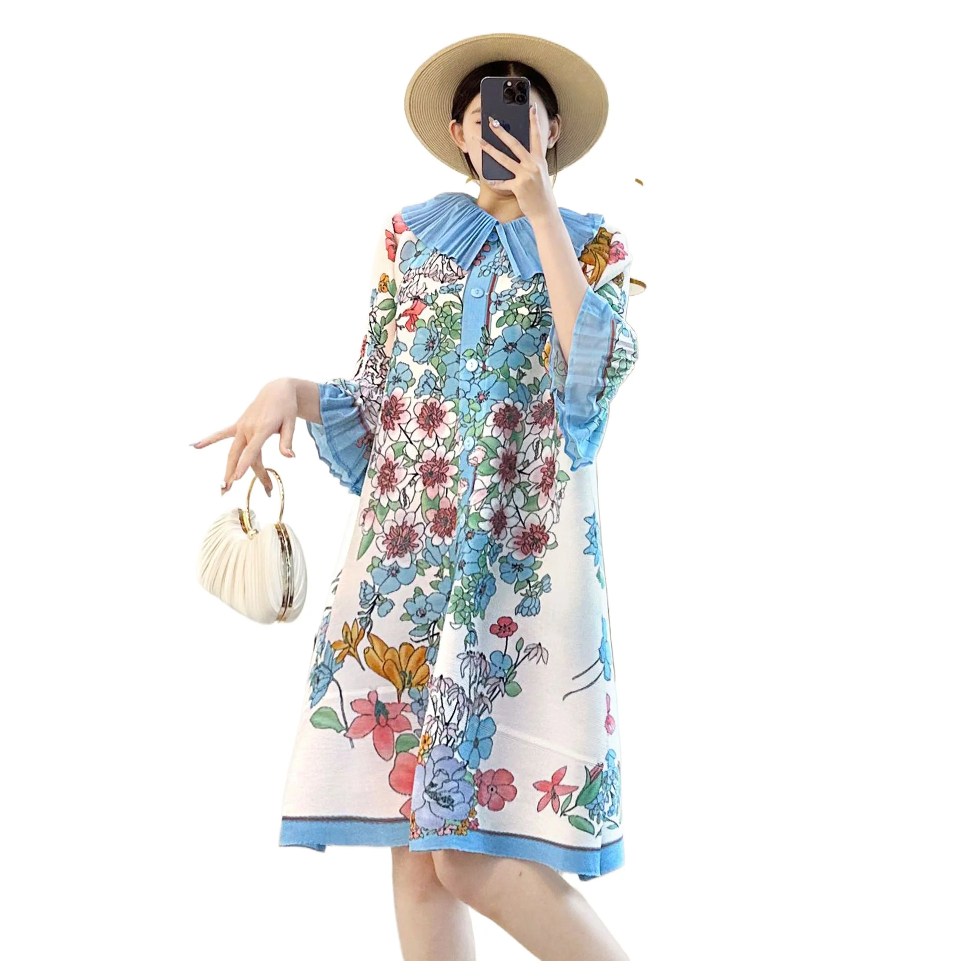 Miyake Blue Laple Printing Abito plissettato da donna monopetto manica svasata elastico allentato chic nuovo abbigliamento femminile