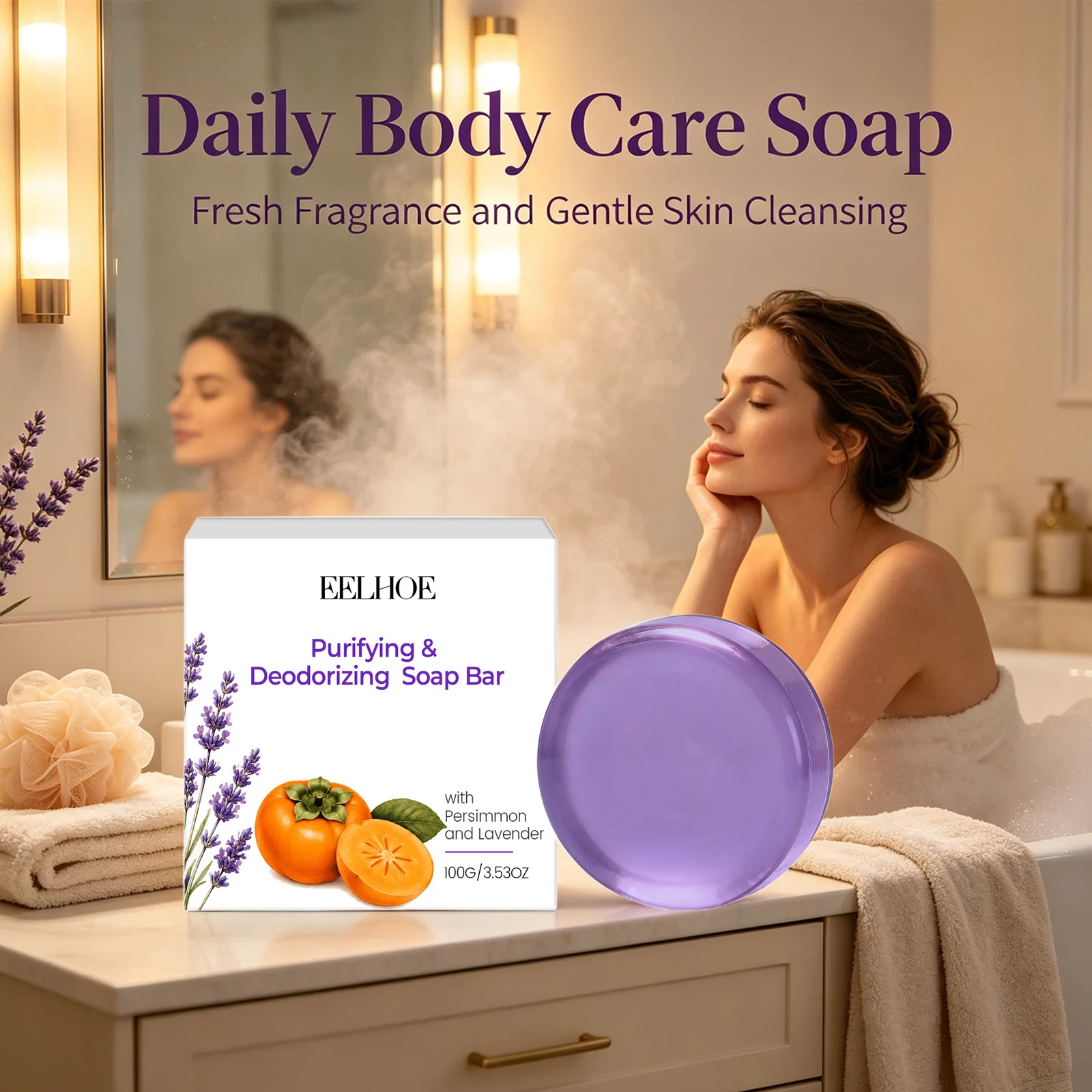 Purifying & Deodorizing Soap Bar Cleaning & Soothing Skin Relieve Tightness Reduce Odors Persimmon Lavender Body Cleansing Soap