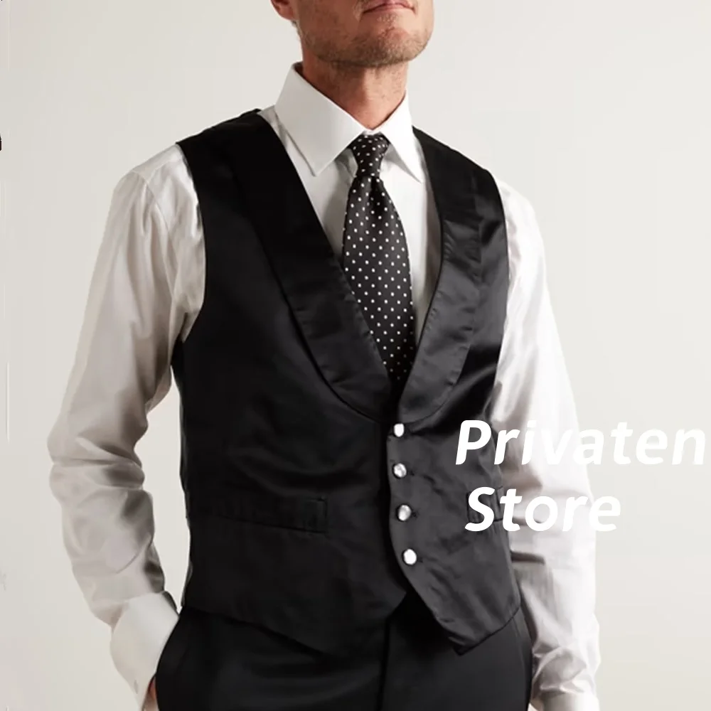 

Mens Summer Vest Satin Shawl Collar Sleeveless Single Breasted Black Tops Male Clothing Groomsmen For Wedding Vests