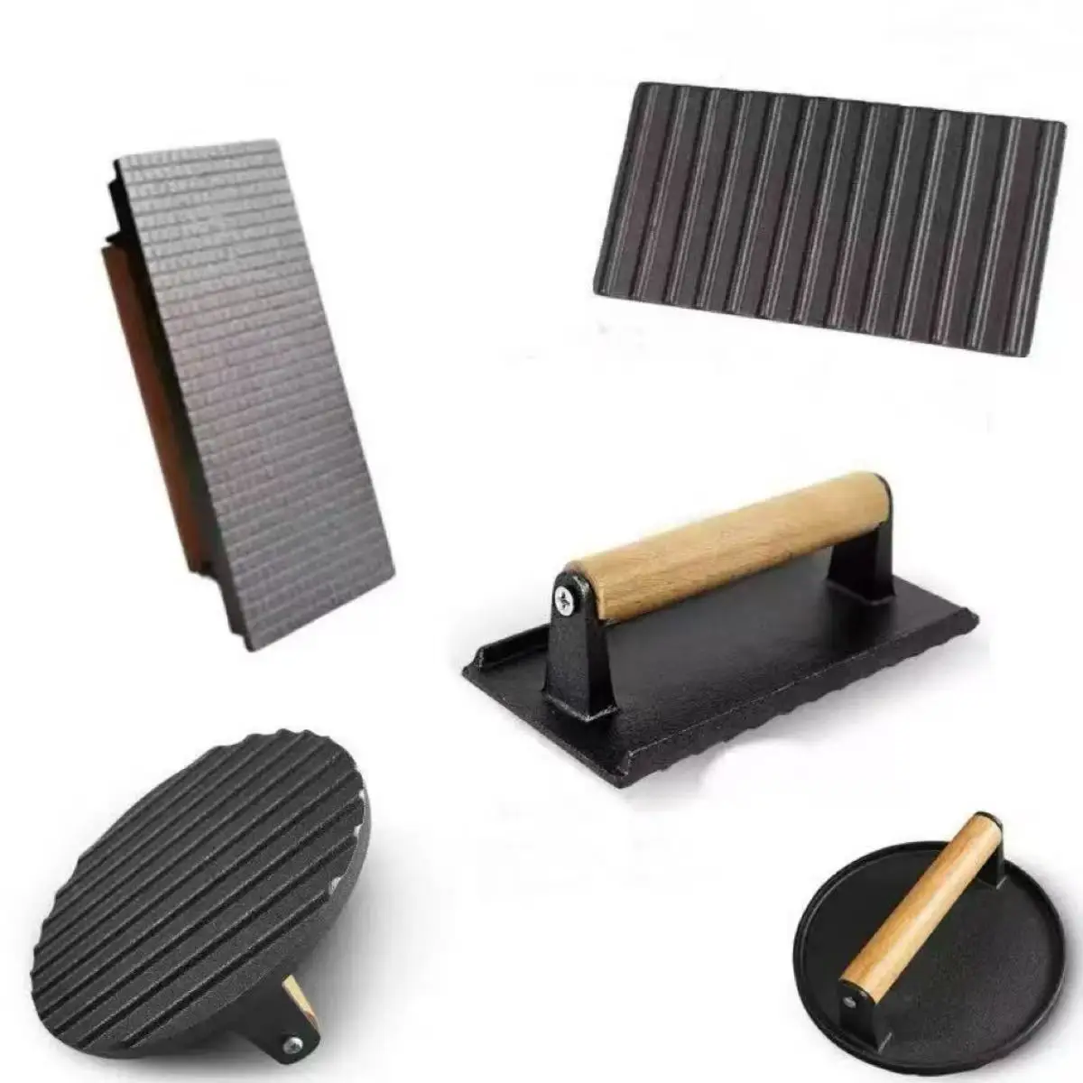 Cast Iron Steak Burger Press Round Rectangular Uncoated Heavy-Duty Meat Press with Handle for Outdoor Grill Food Cooking Tools