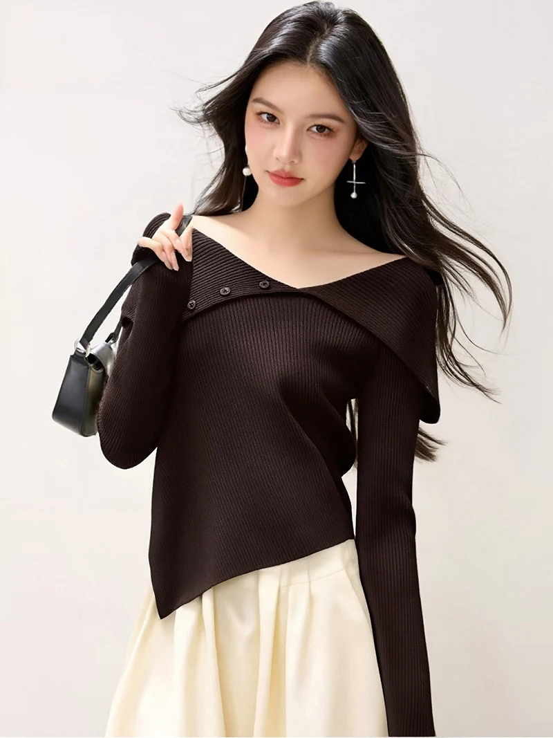 

2025, новинка, европейская, одежда, осень, зима, свитер, шикарный, сексуальный, с воротником, женский, с длинным рукавом, трикотажный, пуловер, пуговицы, эластичный, топы, 510052