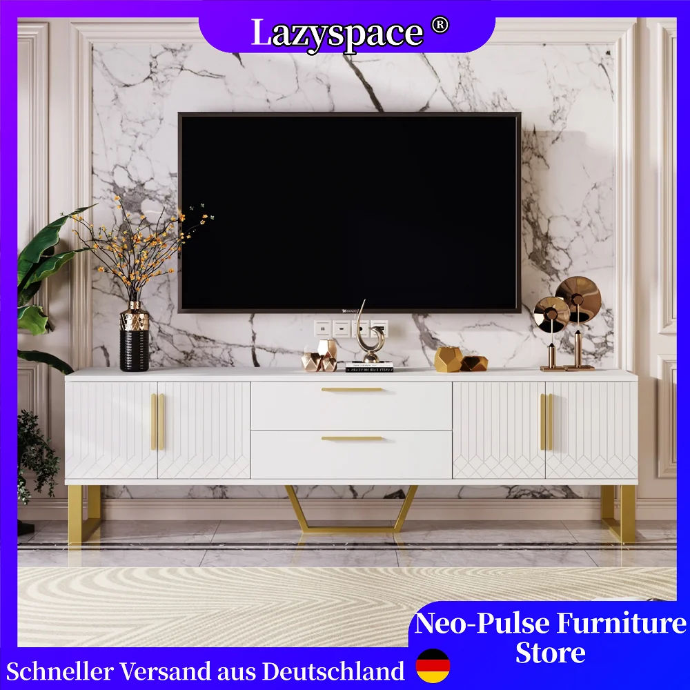 Mobile TV di lusso Lazyspace con 2 cassetti, supporto TV lucido, console TV da soggiorno con mobile portaoggetti, centro di intrattenimento