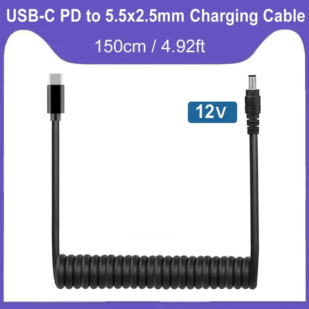 USB C to 12V 5.5x2.5mm DC Jack Plug Adapter Type C PD Charging Cable Cord for LCD Monitors Cine Broadcast Radio