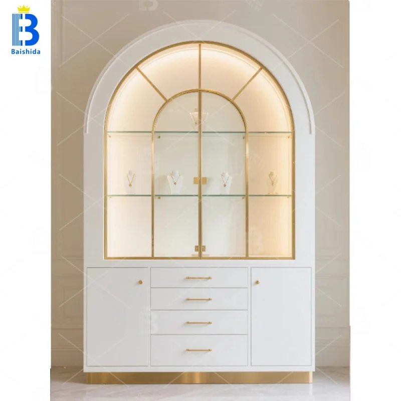 

custom.Curved Wall-Mounted High Cabinet Custom Jewelry Display Showcase Locked Glass Door LED Lighting Durable Waterproof