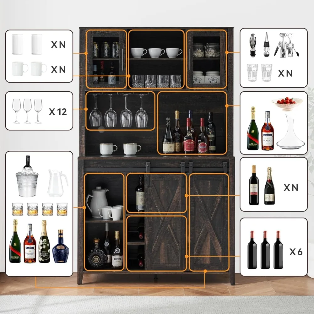 Bauernhaus-Kaffee-Barschrank mit Schiebetüren, 70'' Küchenschrank mit Stauraum, Wein- und Brillenregal, hohes Sideboard