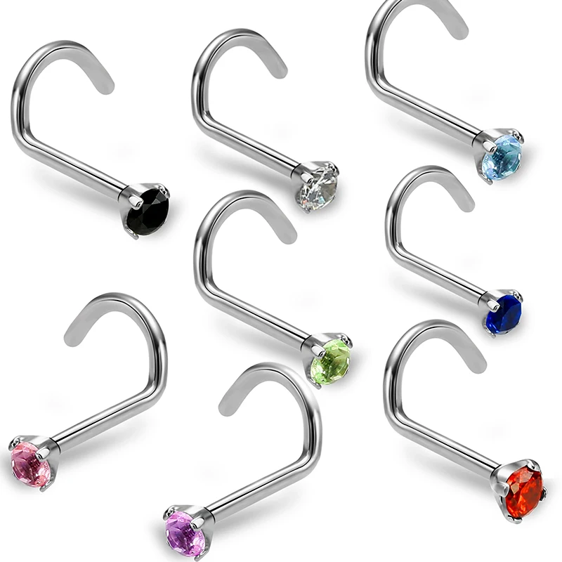 2pcs Nose Rings Studs G23 Titanium Purple/Red/Light Blue/Pink/Black Cubic Zirconia 20G Piercing Jewelry