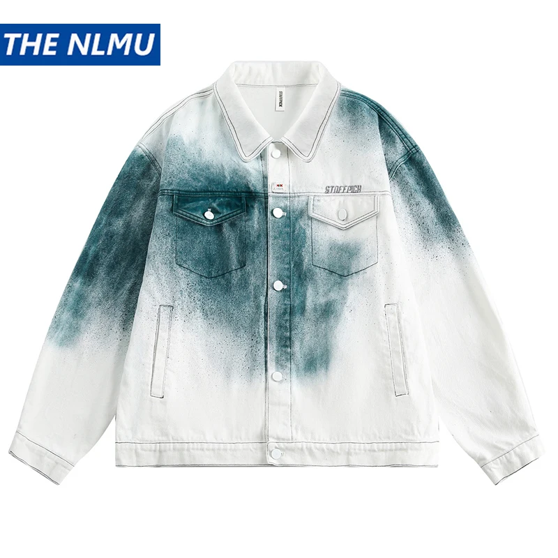 

Hip Hop White Denim Jacket Streetwear Mens Vintage Tie Dye Jean Coats 2024 Harajuku Autumn Cotton Jackets Outwear