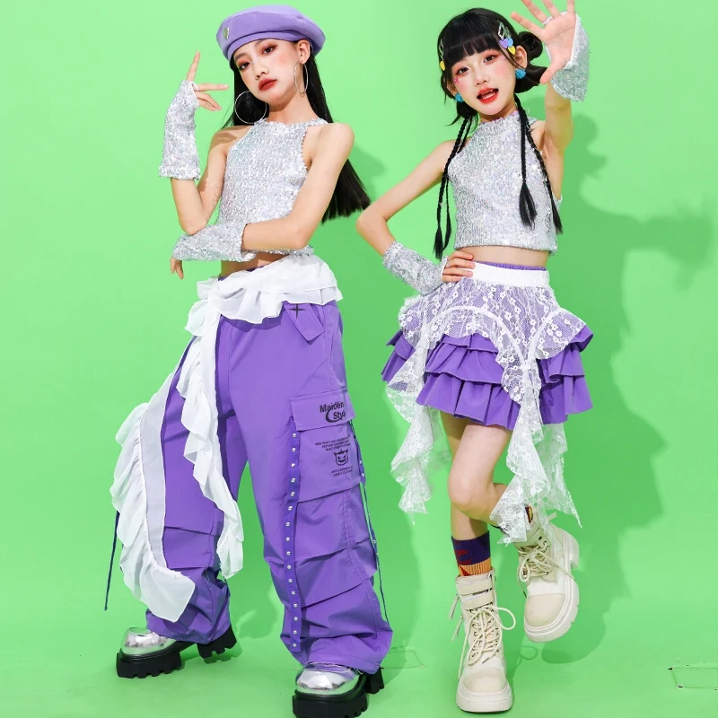 Pailletten Jazzdans Kleding Meisjes Toneelkostuum Kpop Outfit Paars Hip Hop Broek Taart Rok Kid Fashion Street Dancewear AMY2297