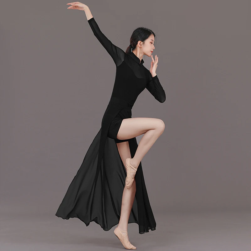 زي أداء الرقص الغنائي الحديث للسيدات بأكمام طويلة مفتوح من الخلف شبكي يوتار + تنورة مقسمة للتزلج على الجليد باليه والجمباز