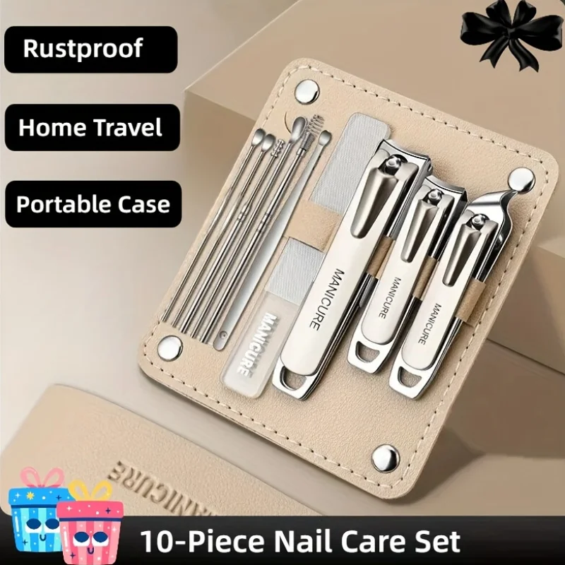 10pcs Professional Nail Care Set with Anti-Splash Features Nail Clipper File And Ear Spoon Tools Comes in a Foldable Leather