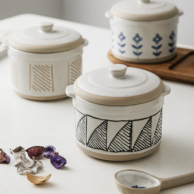 Ceramic Stewing Bowl Casserole for One Person Japanese Retro Style Inner Pot with Lid Steamer for Bird Nest Soup Home Kitche