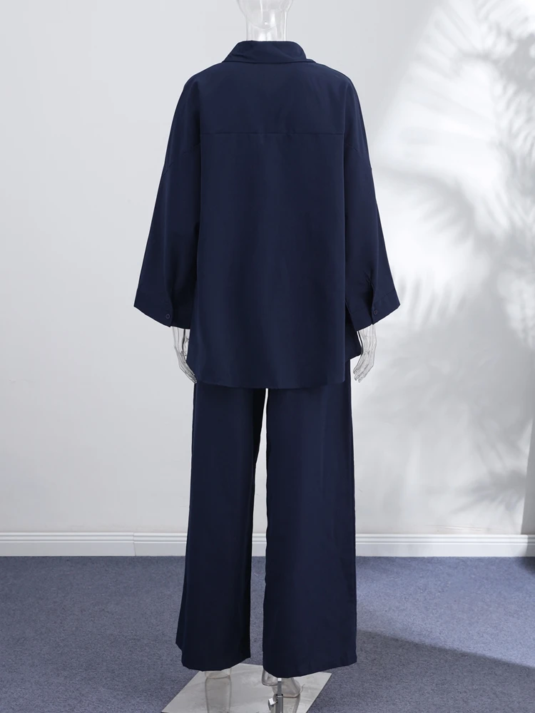 Elegante Damen-Hosenanzüge mit Revers: Oversized Hemd, Langarm-Bluse mit Knopfleiste, Weite Hose, Schickes Einfarbiges Outfit – Detail 5