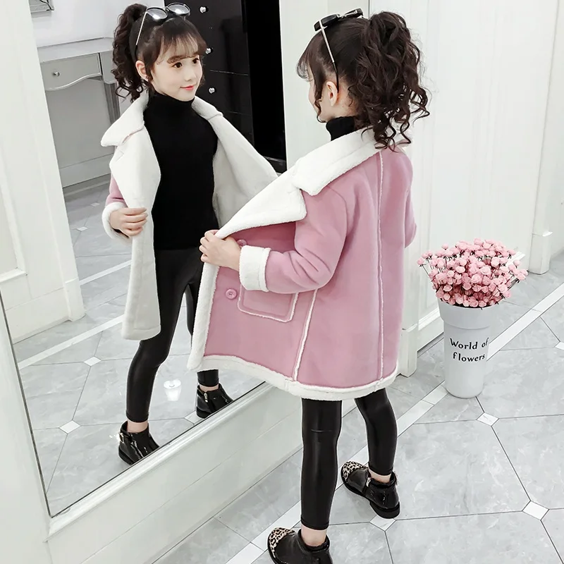 Girls Woolen Coat Winter New Sle Children's Korean Version Faux  Fur Lined Mid-Length Trendy Coat for Young Girls