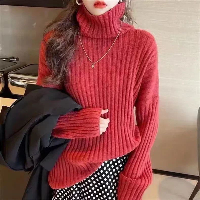 Turtleneck Solid Women Sweaters Knitted Loose Pullovers Full Sleeve Pleated Thick Warm Regular Casual Tops Autumn Winter 2023