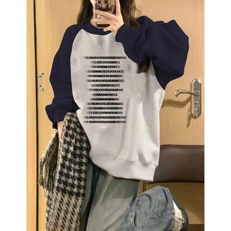 

All-match Patchwork Sweatshirts Female Spring Autumn New Vintage Letter O-neck Long Sleeve Pullovers Women Clothes Trend Top Tee