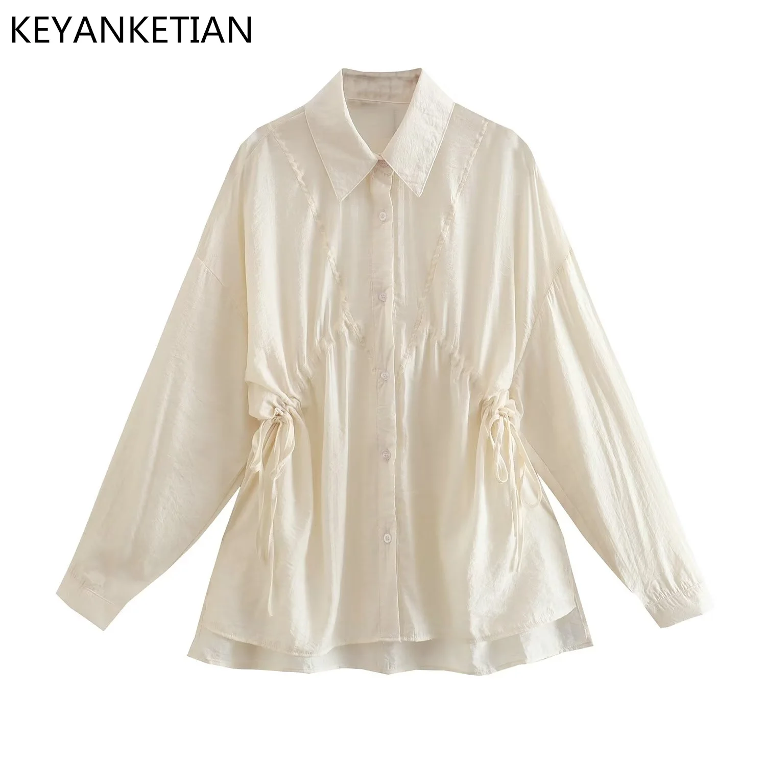 KEYANKETIAN Spring New Fashion Design Sense Slim Silhouette Thin Women's Cardigan Shirt Drawstring Medium Length Translucent Top