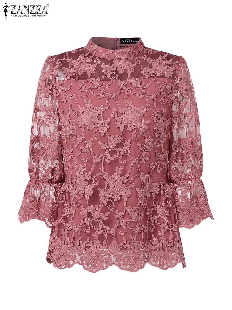 

2025 ZANZEA Fashion Blouse Women Elegant OL Lace Tops Stand Collar Casual Office Lady Shirts 3/4 Sleeve Patchwork Tunics Street