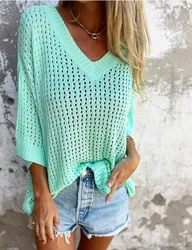 2024 New Women's Hollowed-out Long-sleeved Cardigan with Lazy Style Design V-neck Sun Protection Knitwear