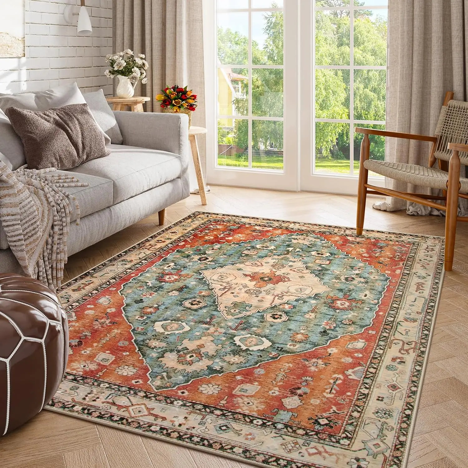 new Boho Tribal Area Rug - 5x7 Large Washable Living Bedroom Rug Distressed Oriental Non-Slip Non-Shedding Print Floor Carpet