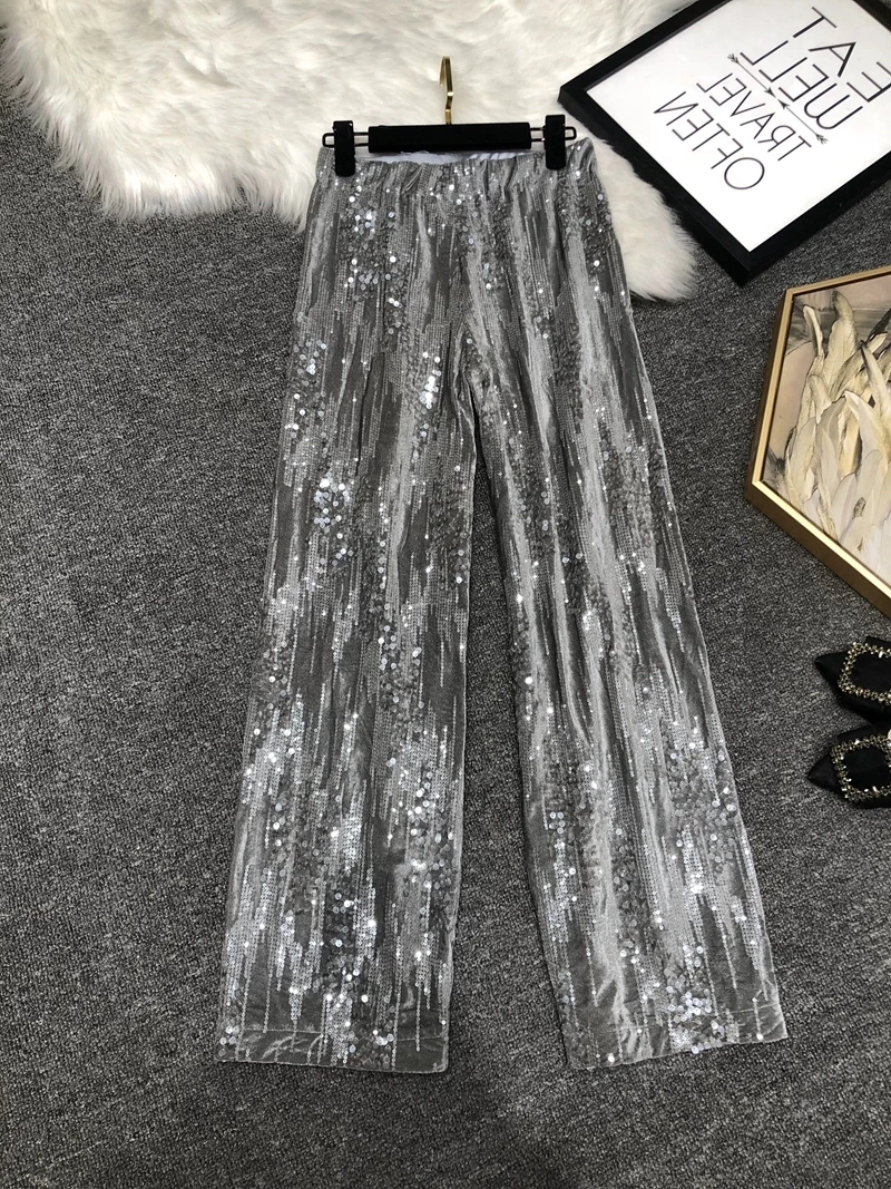 Sweet Pink Velvet Sequins Straight-Leg Trousers Women 2024 Autumn New Glossy Casual Mop Wide Leg Pants Korean Fashion Y2k Pants
