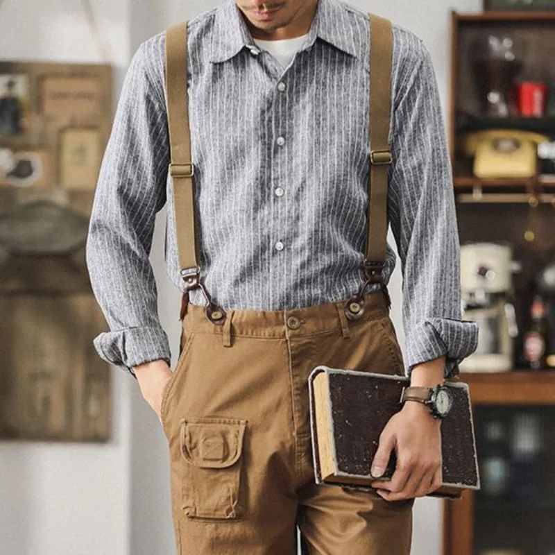 Spring Thin Striped Shirt Men's Japanese Style Vintage Casual Loose Single Breasted Shirts Men's  Gray Blue Long Sleeved Top