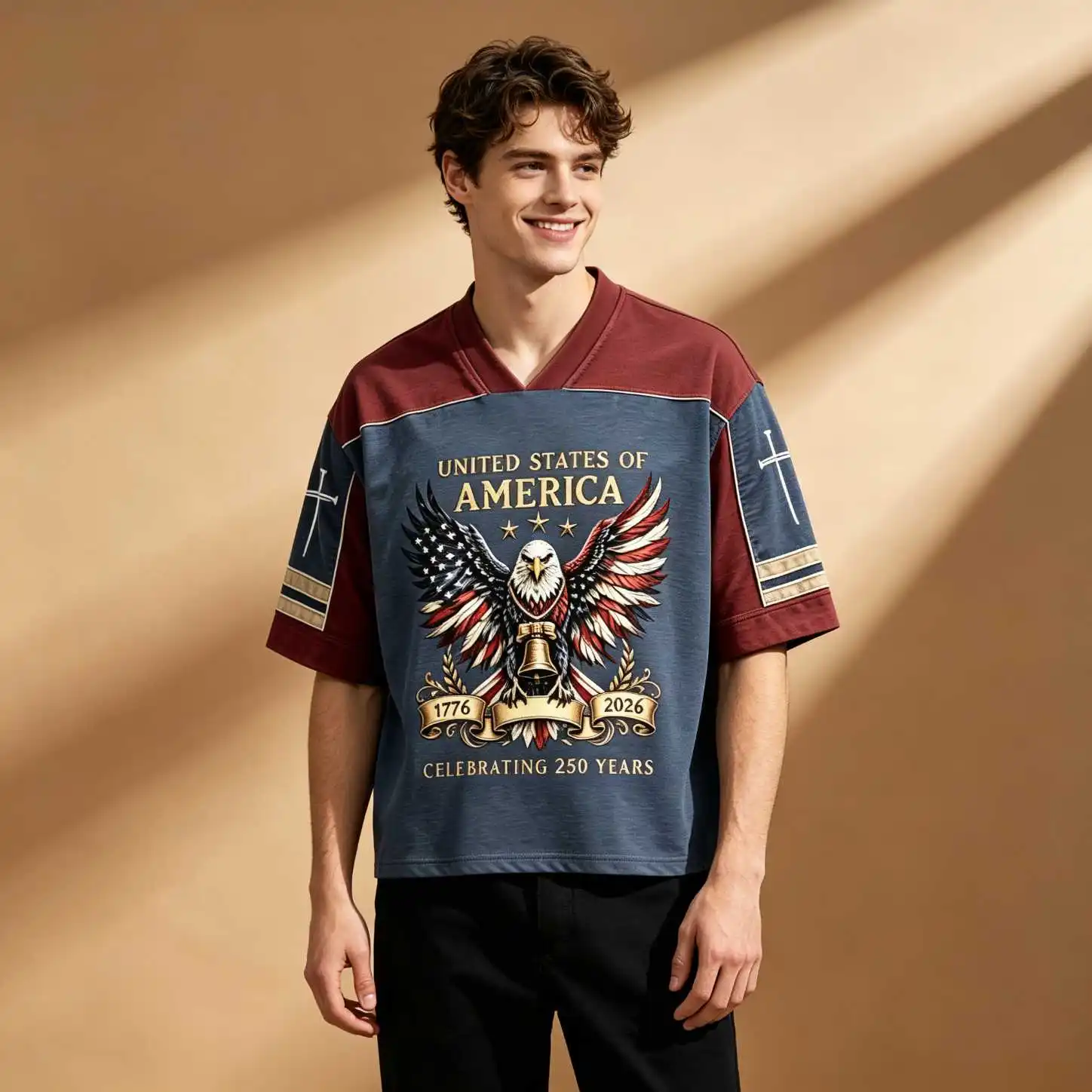 Summer 250th US Eagle Bell Print Men Oversized V Neck Elbow Sleeve Tee, Patriotic Retro Casual Loose Tops