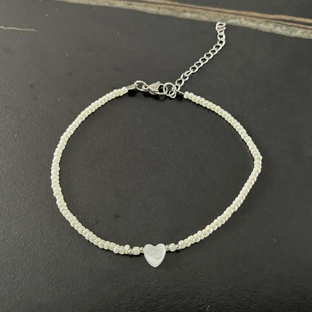 Simple Temperament White Natural Shell Heart Shape Rice Beads Beaded Bracelets Anklets for Women Charm Jewelry Accessories Gifts - view 2