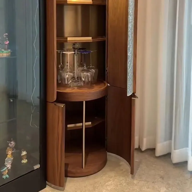 High Quality Dining Plywood Wood Glass Wine Cabinet Living Room Walnut Veneer Tall Wooden Locker