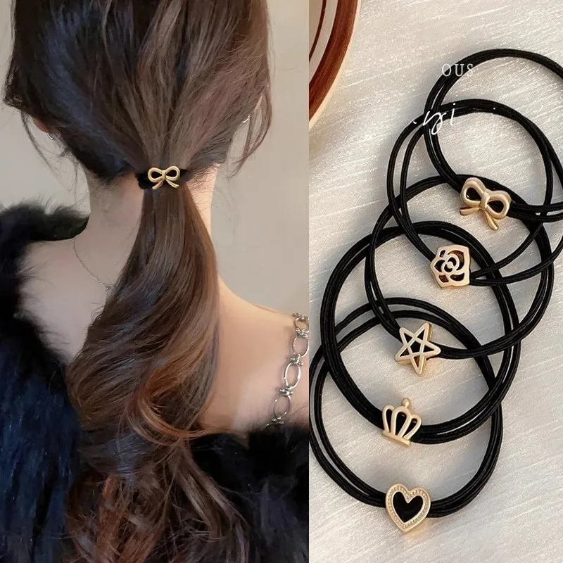 

10PCS Elegant Metal Love Five-Pointed Star Bowknot Hair Rope Female Rubber Band High Elasticity Hair Accessory for Ponytail
