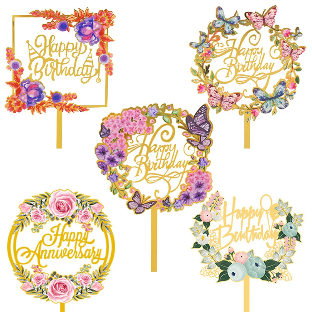 

5pcs/set Happy Birthday Cake Topper Flowers Acrylic Toppers Cake Decorating Tools Birthday Anniversary Party Decorating Supplies