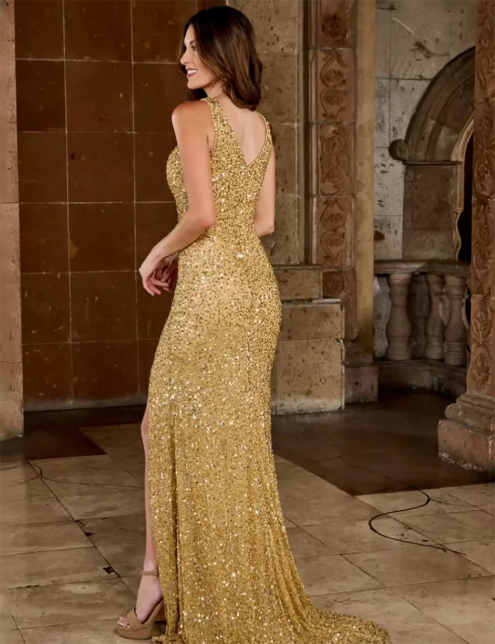 Gold Women Ceremonial Sequin With Trailing  Bridesmaid Dress  For Wedding Evening Banquet Party Birthday Prom Gowns