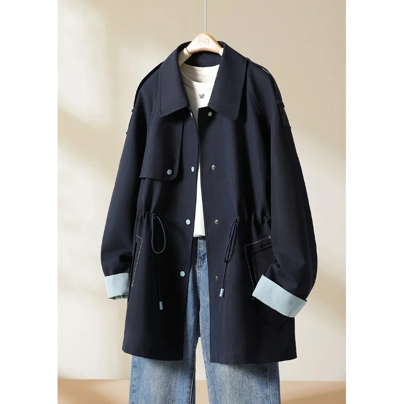

Slimming Contrast Color Waist-Cinching Women's Coat Faionable Ele Simple Design Long Sve Commute Polyester Fiber