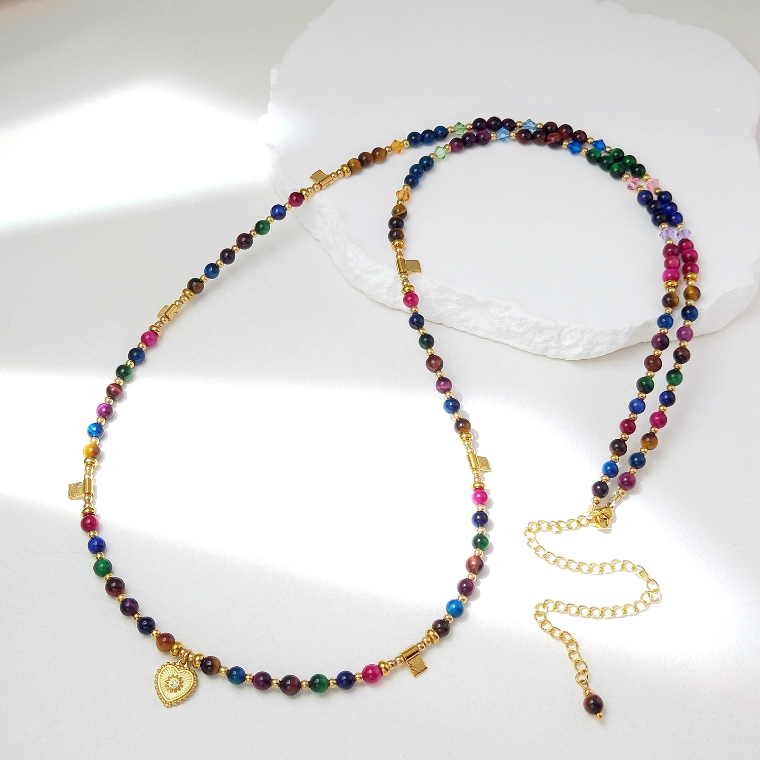 Lii Ji 4mm Smooth Beads Dyed Rainbow Tiger Eye Stainless Steel Waist Chain 79+12cm Natural Stone Jewelry
