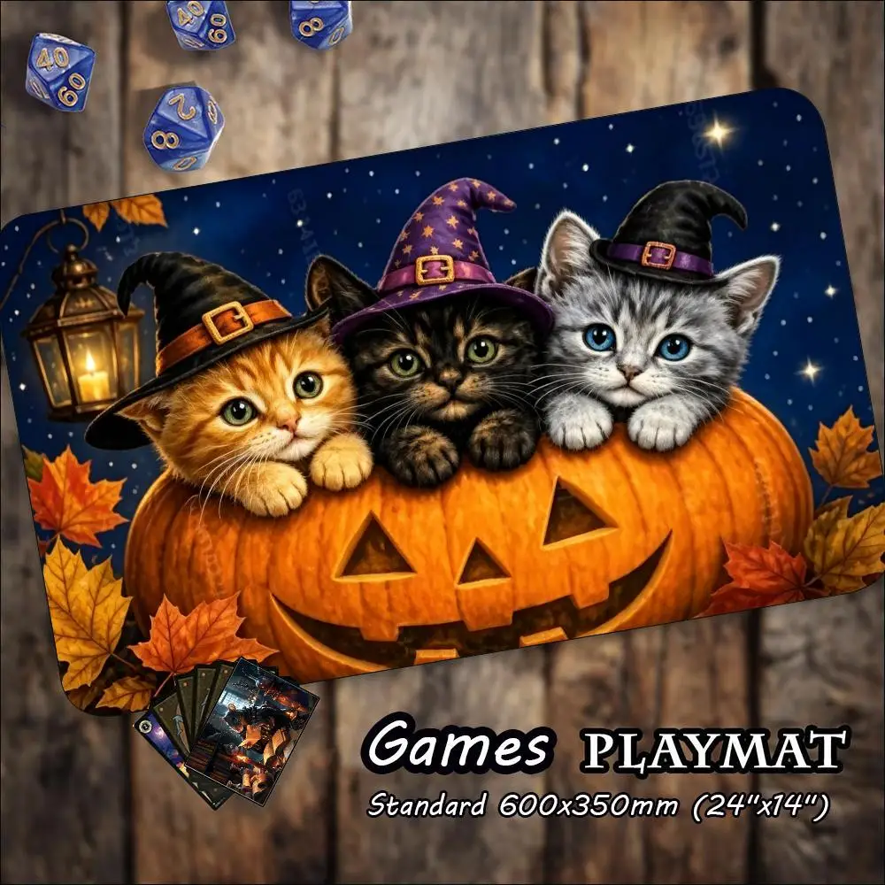 Cute Witch Kittens Pumpkin Large Game Mat Non‑Slip Rubber Playmat Starry Halloween Art for Trading Card Tabletop Sessions