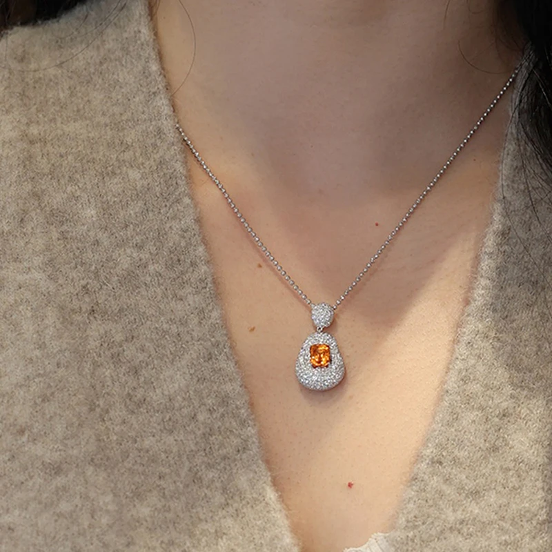Huitan Glamorous Pendant Necklace with Creative Orange Red CZ Modern Sparkling Accessory for Women Exquisite Brilliant Jewelry