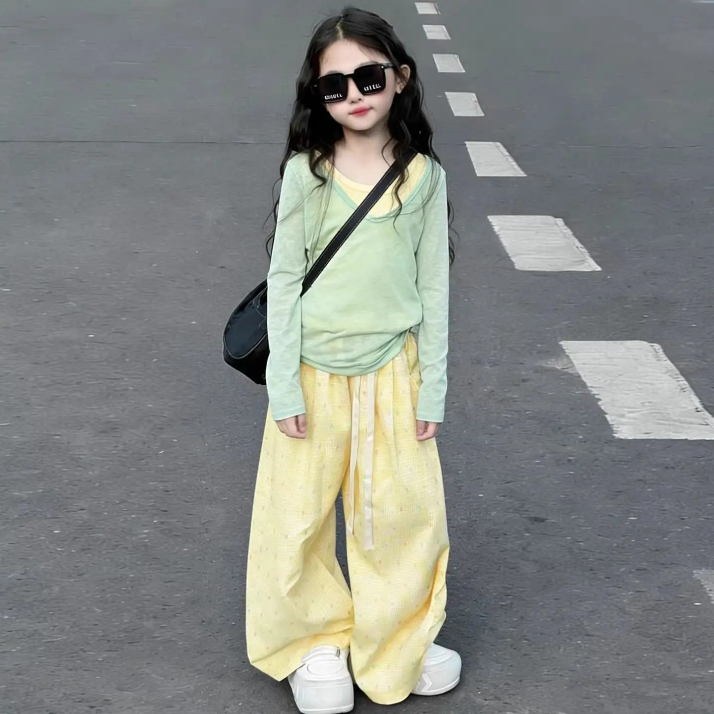 2026 spring summer Girls clothes children set Kids top loose t shirt + polka dot wide leg pant 4 8 10 14 15 years teens Korea