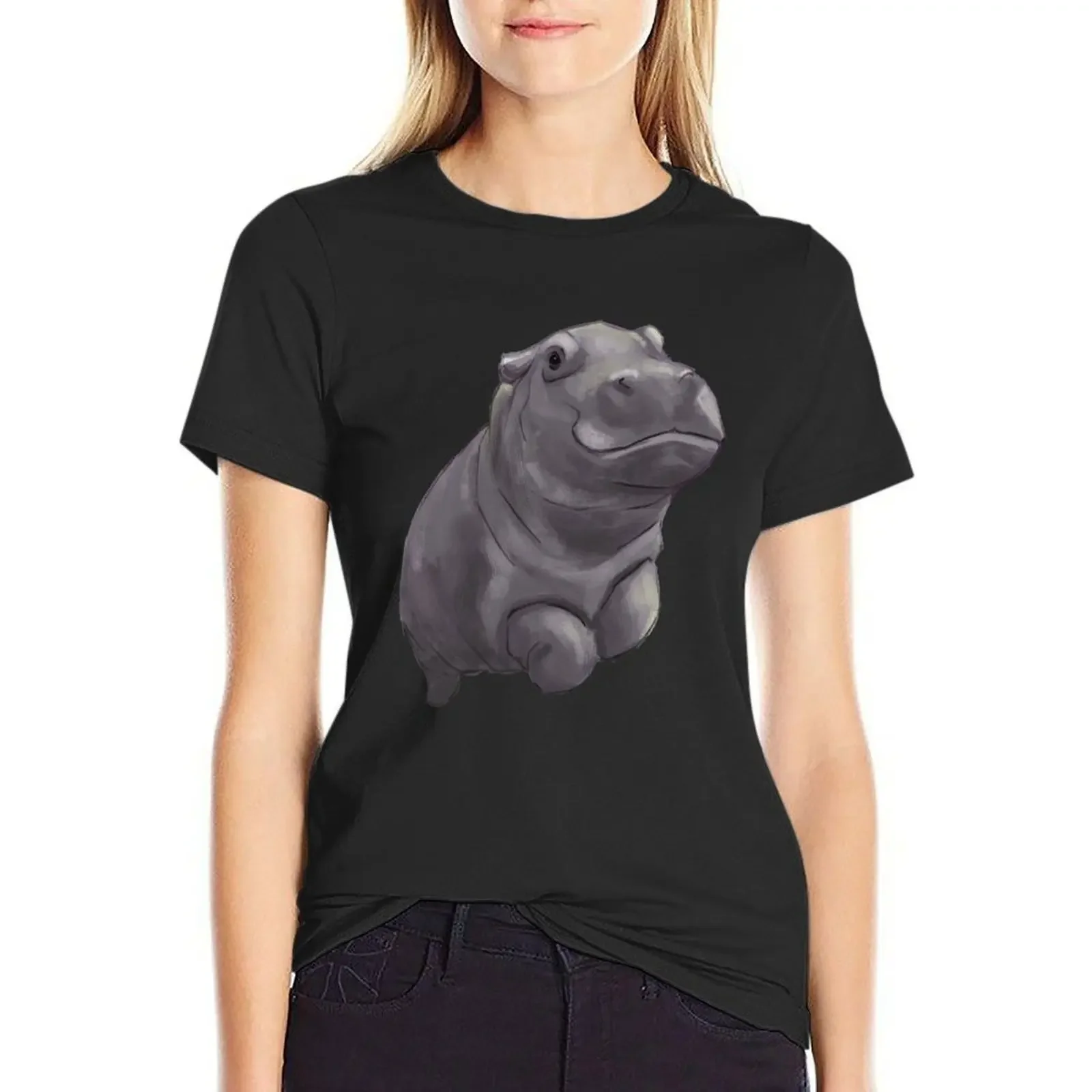 

Cute Painted Baby Hippo Swimming - Digital Painting T-Shirt korean fashion sublime heavyweights Summer Women's clothing