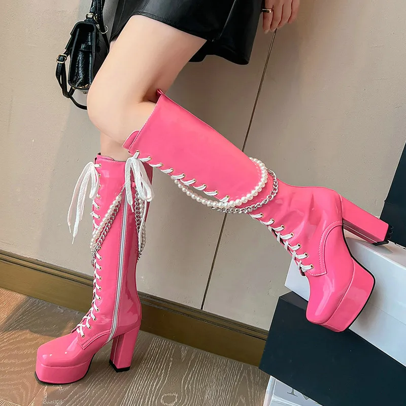 New Women Long Boots Below Knee Lace Up Metal Chain Patent Leather Side Zip Chunky Heel Rider Boots Long Tube Boot