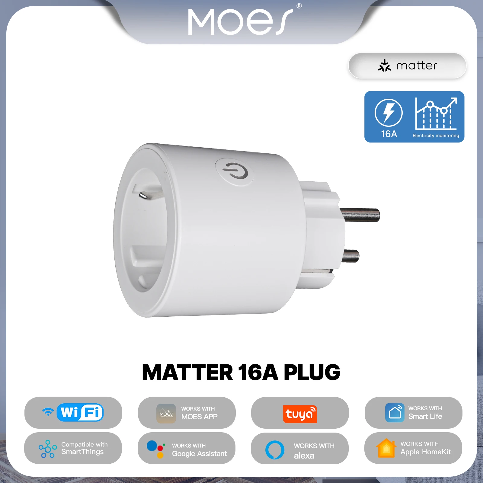 

MOES Tuya Smart Matter Plug WiFi Socket 16A Outlet Power Monitor Remote Control Support Apple Home Google Home Alexa Smartthings