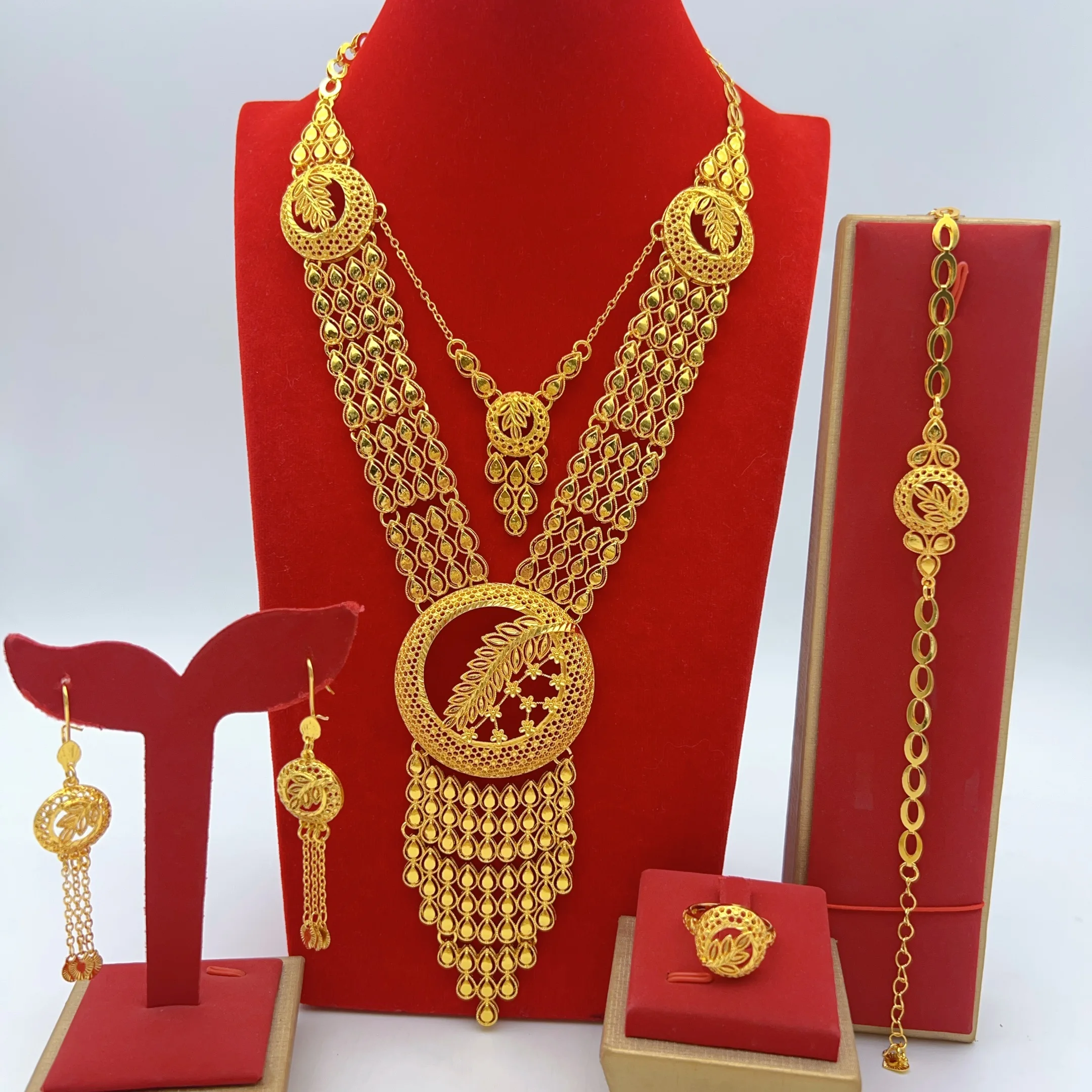 Dubai 24k vergoldetes langes Halsketten- und Ohrring-Set für Damen, afrikanischer indischer Anhänger, Schmuck, Hochzeitsgeschenk, Accessoires