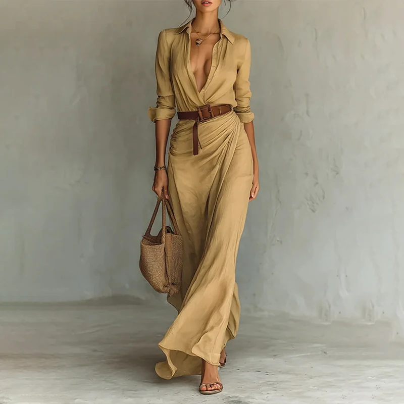 

Elegant Pleated Robe Dresses Autumn Vintage Solid Color Long Sleeved Shirt Dress New Casual Women's Lapel Button Commuting Dress
