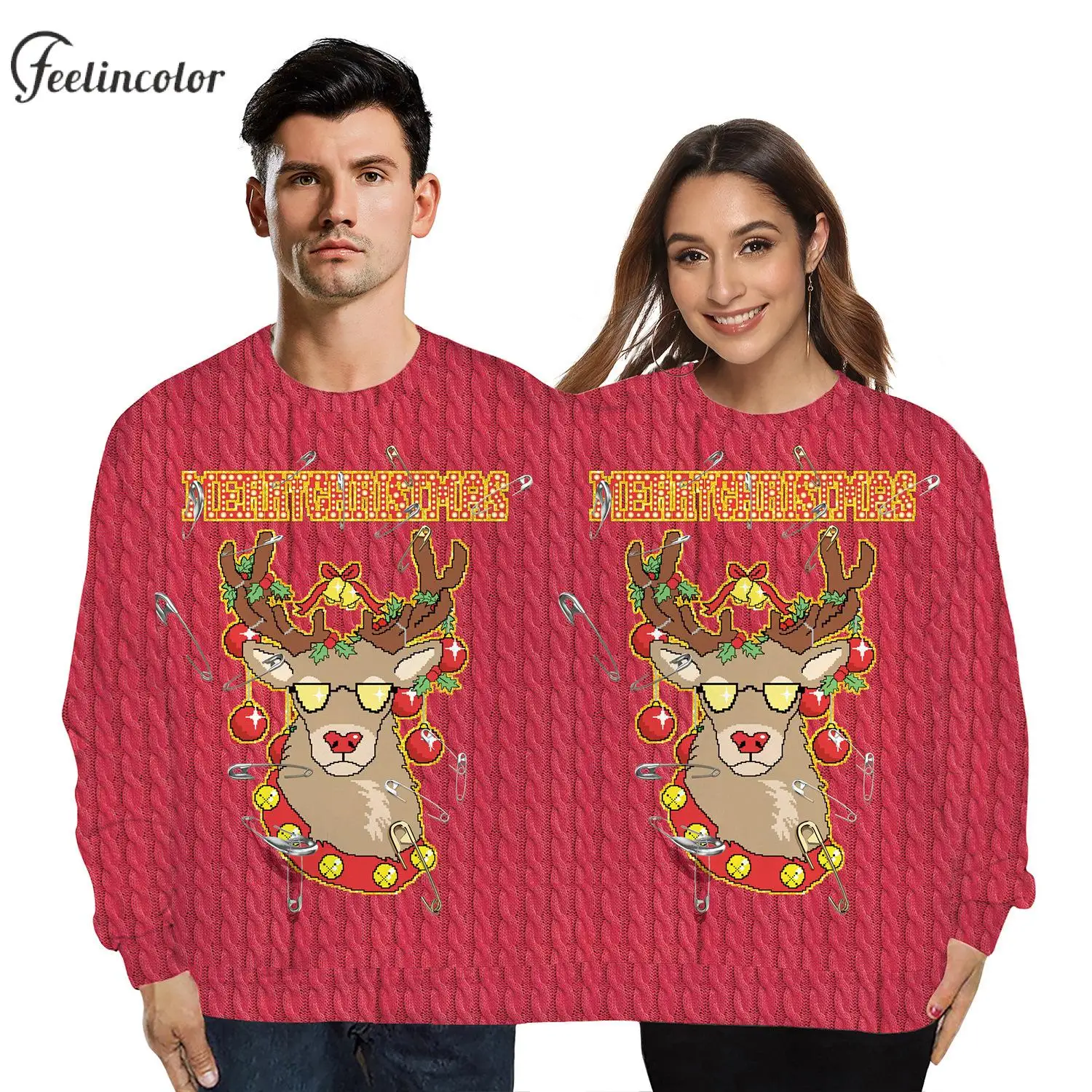 Two Person Crewneck Sweatshirt Men and Women Ugly Christmas Sweashirts Autumn Winter Casual Pullover Couple New Year Clothing