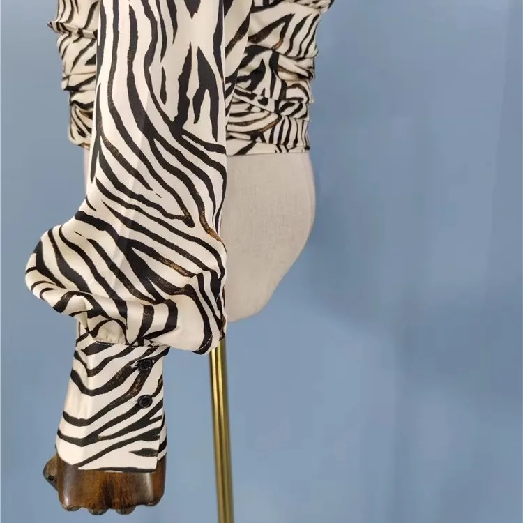 Elegancka, gładka tkanina, wysokiej jakości stójka, wzór zebry, rękaw typu latarnia, bluzka damska premium, wysoka jakość, transgraniczna...