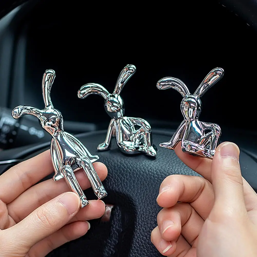 Adorable Long Ear Bunny Figurines, Adhesive Sitting Rabbit Figures, Car Dashboard Decoration, UV Electroplating