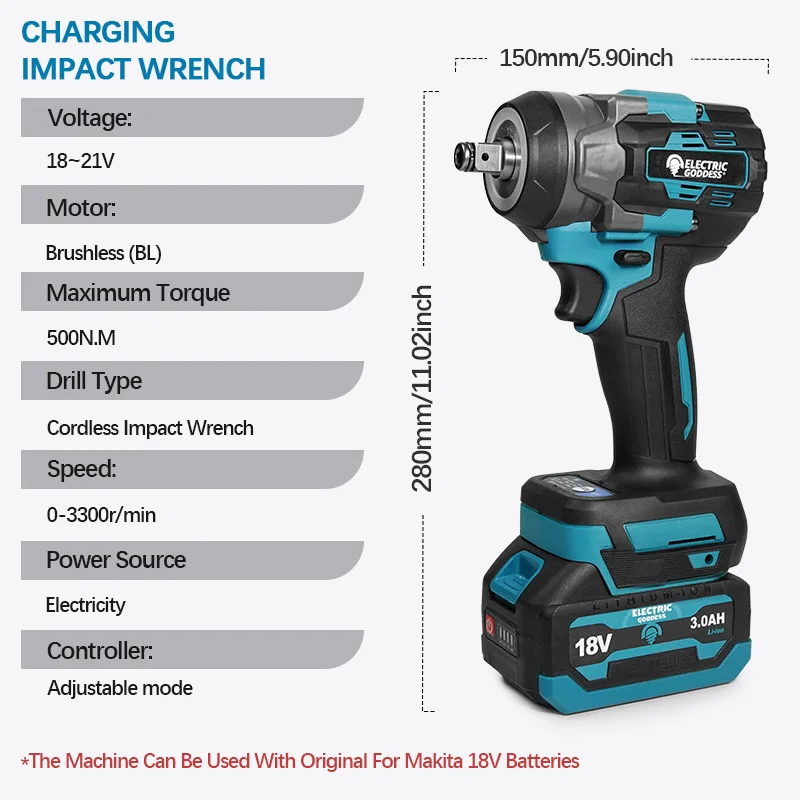 500N·M Cordless Electric Wrench 1/2 Inch Impact Wrench Maintenance Special Torque Wrench Power Tool Set For Makita 18V Batteries